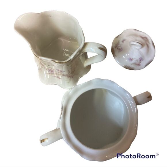 Warwick White Pink Green Flowers Sugar & Creamer Bowl Set - Picture 5 of 7